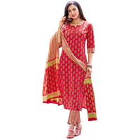 Gosriki Women's Cotton Blend Straight Printed Kurta With Pant & Dupatta (Gaytri Red-Nrw-Gs_M_Red_Medium)