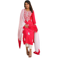 Gosriki Women's Rayon Blend Embroidered Straight Kurta With Pant & Dupatta (Vimurat Pink-Gs_S_Pink_Small)