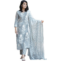 Gosriki Women's Cotton Blend Printed Straight Kurta With Pant & Dupatta (Zuri Grey-Vks01-Gs_M_Grey_Medium)