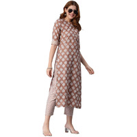 Gosriki Women's Cotton Blend Printed Straight Kurta With Pant (Funnu Brown-Nw5-Gs_Xxl_Brown_Xx-Large)