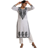 Gosriki Women's Rayon Blend Straight Printed & Embroidered Kurta (Panaya-White-Vks04-Gs_S_White_Small)