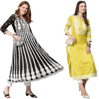 Gosriki Women's Chikankari Embroidered Kurti Combo Pack Of 2 (Kari Black & Stho Yellow-Gs_4Xl_Multi_Xxxx-Large)