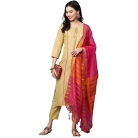 Gosriki Women's Cotton Straight Kurta With Pant & Dupatta (Karnivel-Beige_S-Go_Beige_Small)