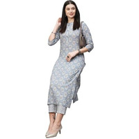 Gosriki Women's Cotton Blend Straight Printed Kurta With Pant (Babita Grey-Nw-Gs_Xl_Grey_X-Large)
