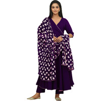 Gosriki Women's Rayon Blend Anarkali Solid Kurta With Pant & Dupatta (Mita Begani-Gs_L_Begani_Large)
