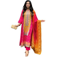 Gosriki Women's Rayon Blend Printed Straight Kurta With Pant & Dupatta (Shubhangi Rani-Gs_L_Pink_Large)
