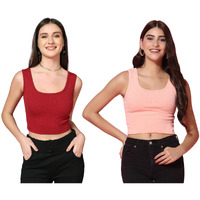 Toplot Women's Combo Solid Ribbed Scoop Neck Sleeveless Slim Fit Tank Top Pack Of 2 (Combo-5069-Mrn-Pch-L)