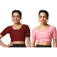 Toplot Cotton Blend Lycra Stretchable Readymade Blouses Pack Of 2 (Combo-5058-Bbp-Mrn-32)