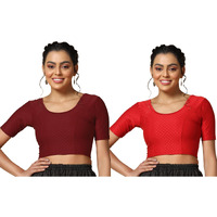 Toplot Cotton Blend Lycra Stretchable Readymade Blouses Pack Of 2 (Combo-5058-Mrn-Red-34)