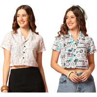 Toplot Women's Casual Printed Crop Shirt With Half Sleeve Pack Of 2 (Combo-5059-Rou-Wht-Xl)