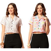 Toplot Women's Casual Printed Crop Shirt With Half Sleeve Pack Of 2 (Combo-5059-Mlt-Wht-Xl)