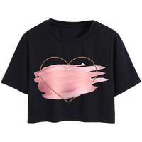 Toplot Heart Printed Round Neck Crop Top For Women (Big-Heart-Top-5201-Black-S)