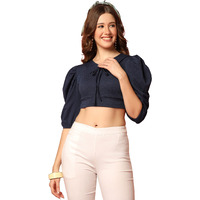 Toplot Women's V-Collar Polo Crop Top With Half Sleeves (Top-5111-Navy-M)