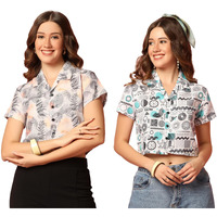 Toplot Women's Casual Printed Crop Shirt With Half Sleeve Pack Of 2 (Combo-5059-Rou-Tre-L)