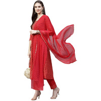 Gosriki Women's Cotton Blend Printed Straight Kurta With Pant & Dupatta (Karwa Red_Xl-Gs_Red_X-Large)