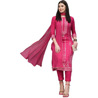 Gosriki Women's Cotton Blend Straight Printed Kurta With Pant & Dupatta (Veronica Rani-Gs_Xxl_Pink_Xx-Large)