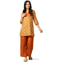 Toplot Women's Cotton Blend Printed Straight Kurta With Pant (Kurta-Pant-5175-Orange-S)