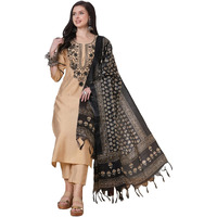 Gosriki Women's Rayon Viscose Straight Embroidered Kurta With Pant & Dupatta (Soul Chiku-Vks01-Gs_M_Beige_Medium)