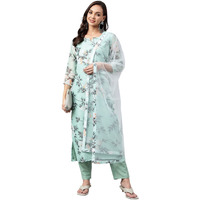 Gosriki Women's Cotton Blend Printed Straight Kurta With Pant & Dupatta (Itta Sty-Pista Green_L-Go_Pista Green_Large)