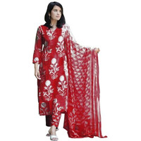 Gosriki Women's Cotton Blend Printed Straight Kurta With Pant & Dupatta (Zuri Red-Vks01-Gs_L_Red_Large)