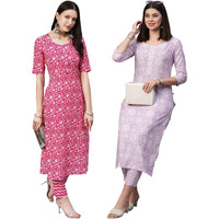 Gosriki Women's Cotton Blend Printed Straight Kurta With Pant Pack Of 2 (Combo-Azrak-Mukh-Gs_M_Multi_Medium) Multicolour