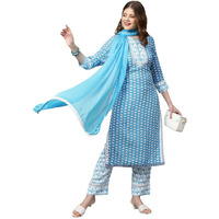 Gosriki Women's Cotton Blend Printed Straight Kurta With Pant & Dupatta (Sky Bird-Blue_New_Xl-Go_Blue_X-Large)