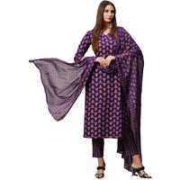 Gosriki Women's Cotton Blend Straight Printed Kurta With Pant & Dupatta (Mohmaya Violet-Nw-Gs_S_Violet_Small)