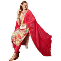 Gosriki Women's Cotton Blend Printed Straight Kurta With Pant & Dupatta (Ruth Pink-Jl-Gs_Xl_Pink_X-Large)
