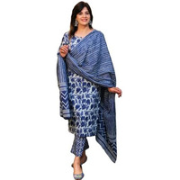 Gosriki Women's Cotton Blend Straight Printed Kurta With Pant & Dupatta (Nidali Blue-Gs_L_Blue_Large)