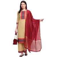 Gosriki Women's Cotton Straight Kurta With Palazzo & Dupatta (Kpzd-Cot-10007-Beige_L-Go_Beige_Large)