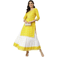 Gosriki Women's Cotton Blend Straight Printed Kurta With Skirt (Mausam Yellow_New_Xl-Go_Yellow_X-Large)