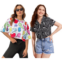 Toplot Women's Casual Printed Crop Top With Short Sleeve Pack Of 2 (Combo-5135-Blk-Mlt-Xl)