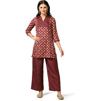Toplot Women's Cotton Blend Printed Straight Kurta With Pant (Kurta-Pant-5175-Maroon-M)