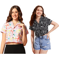 Toplot Women's Casual Printed Crop Shirt With Half Sleeve Pack Of 2 (Combo-5059-Blk-Mlt-Xs)