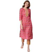 Gosriki Women's Cotton Blend Traditional Straight Printed Kurta And Pant Set (Mikaa Pink_S-Gs_Pink_Small)