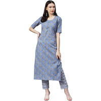 Gosriki Women's Cotton Blend Printed Straight Kurta With Pant (Prnk-Blue-Gs_S_Blue_Small)