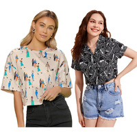 Toplot Women's Casual Printed Crop Top With Short Sleeve Pack Of 2 (Combo-5135-Blk-Cku-Xl)