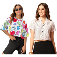 Toplot Women's Casual Printed Crop Top With Short Sleeve Pack Of 2 (Combo-5135-Wht-Mlt-L)
