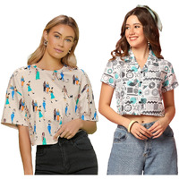 Toplot Women's Casual Printed Crop Top With Short Sleeve Pack Of 2 (Combo-5135-Rou-Cku-Xl)