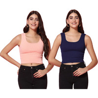 Toplot Women's Combo Solid Ribbed Scoop Neck Sleeveless Slim Fit Tank Top Pack Of 2 (Combo-5069-Nvy-Pch-Xl)