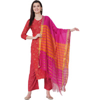 Gosriki Women's Cotton Blend Straight Printed Kurta And Palazzos & Dupatta (Client Nw Red_S-Go_Red_Small)