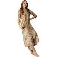 Gosriki Women's Cotton Blend Straight Printed Kurta With Pant (Later Grey-Nj-Gs_Xxl_Grey_Xx-Large)