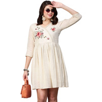 Gosriki Women's Pure Cotton Flounce Sleeve Embroidery Ruffle Smock Dress (Uljhan-Dress-Cream_S-Gs_Cream_Small)