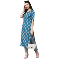 Gosriki Women's Cotton Blend Printed Straight Kurta With Pant (Shagun-Blue-Gs_S_Blue_Small)