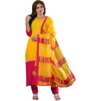 Gosriki Women's Cotton Blend Straight Solid Kurta With Pant & Dupatta (Panai Yellow-Gs_L_Yellow_Large)