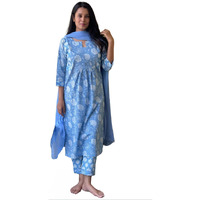 Gosriki Women's Cotton Blend Straight Printed Kurta With Pant & Dupatta (Paridhi Blue-Gs_M_Blue_Medium)