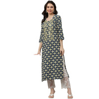 Gosriki Women's Cotton Blend Printed & Embroidered Straight Kurta (Ladai Blue-Gs_S_Blue_Small)