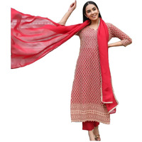 Gosriki Women's Cotton Blend Floral Printed Straight Kurta With Pants & Dupatta (Dumas-Pink_Xl-Gs_Pink_X-Large)