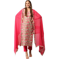 Gosriki Women's Cotton Blend Printed Straight Kurta With Pant & Dupatta (Dra Pink-Gs_Xxl_Pink_Xx-Large)