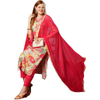 Gosriki Women's Cotton Blend Printed Straight Kurta With Pant & Dupatta (Ruth Pink-Jl-Gs_M_Pink_Medium)